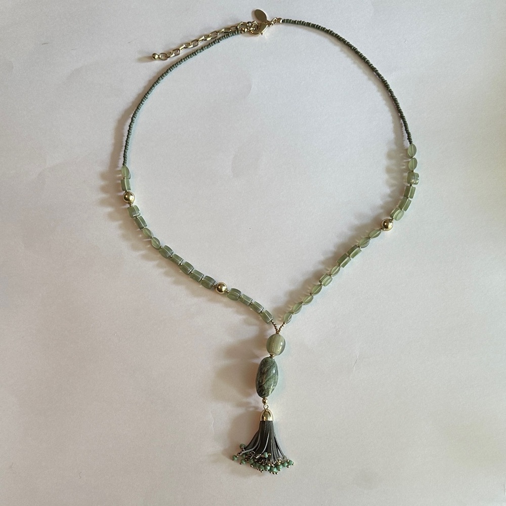 Chico's Green and Gold Necklace with Tassel Pendant